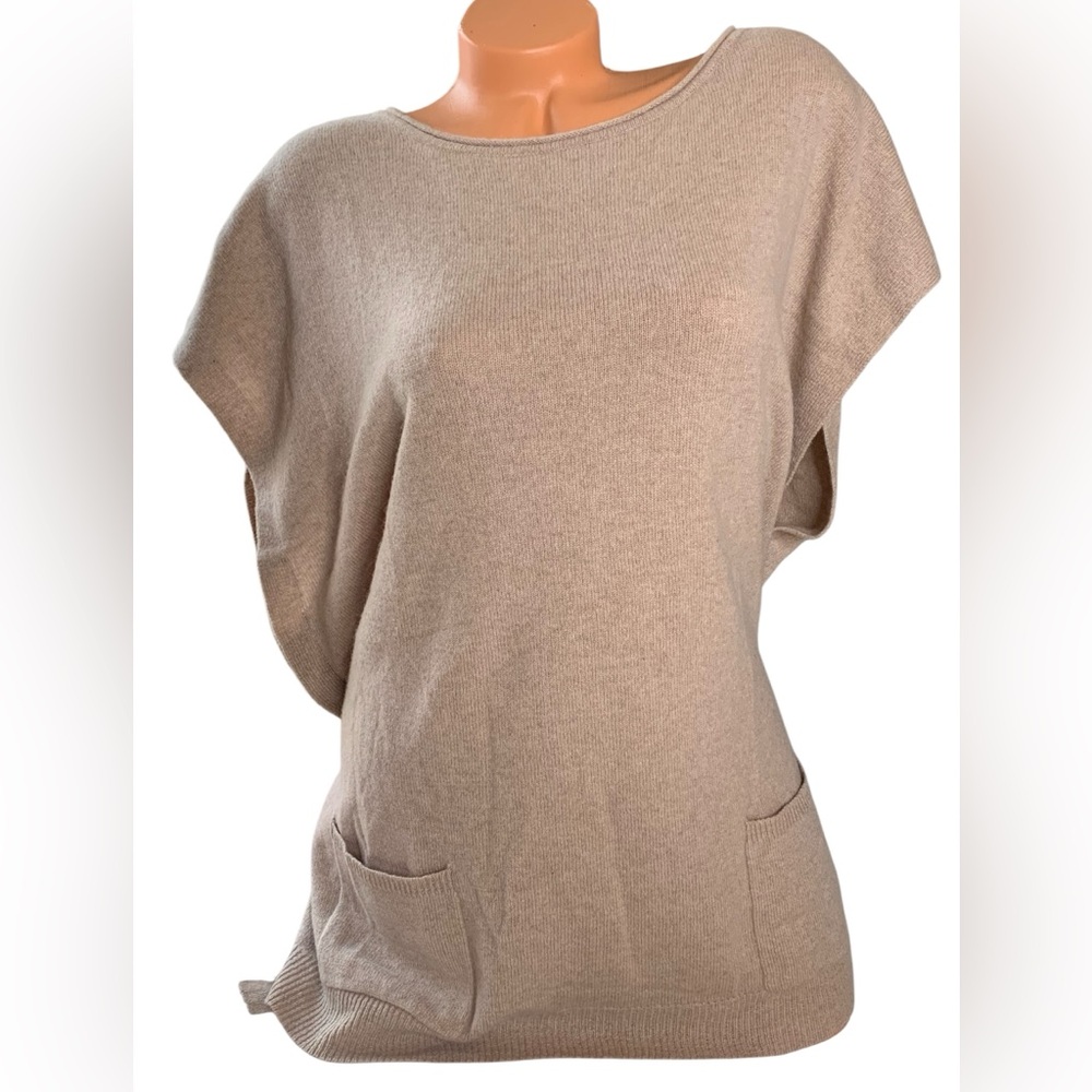BCBGMaxAzria cream Soft Cashmere shortsleeve belted Tunic Sweater Top medium Y2K